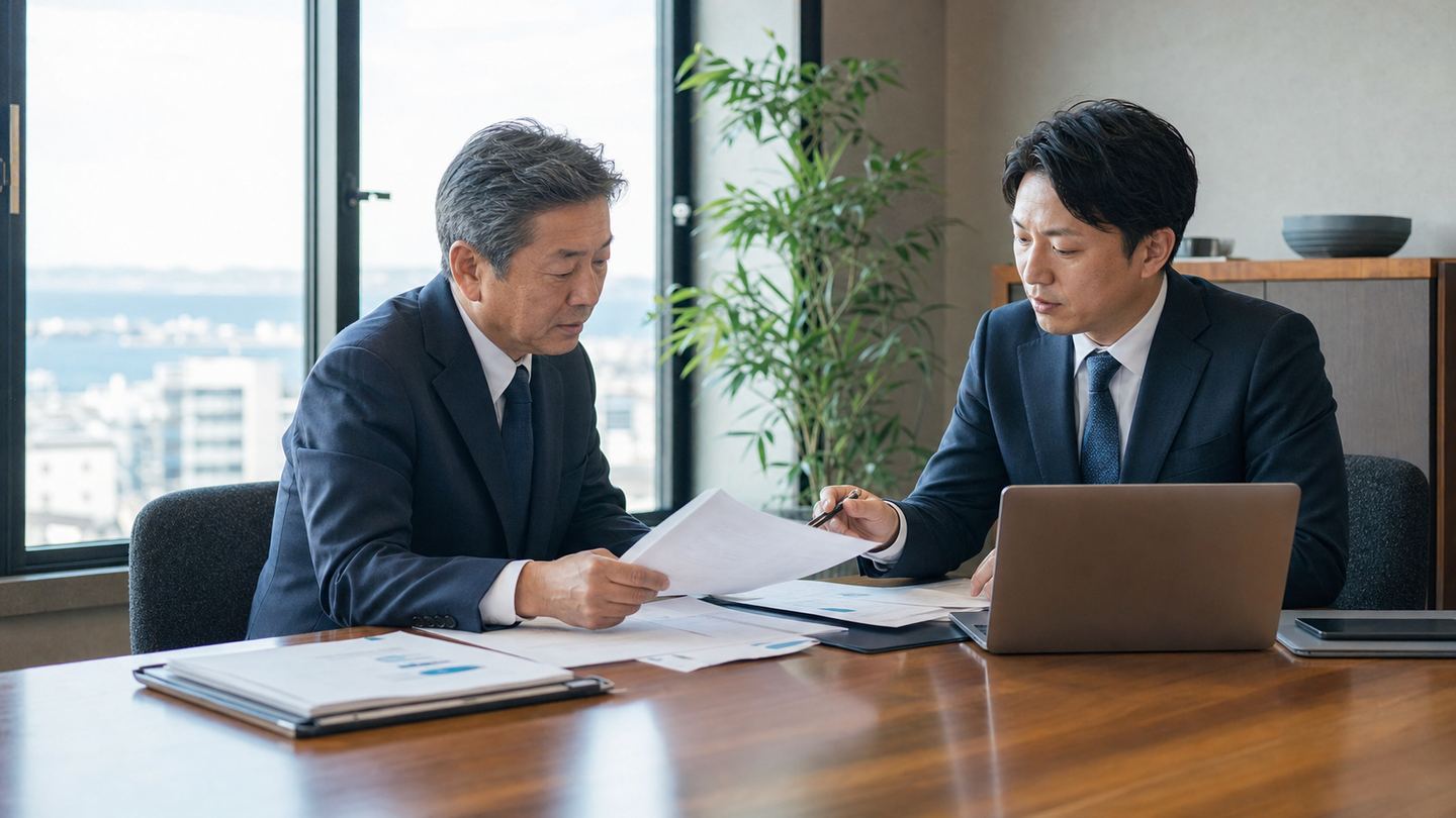 木更津周辺の会社売却相談で資料を確認する経営者とM&Aアドバイザー